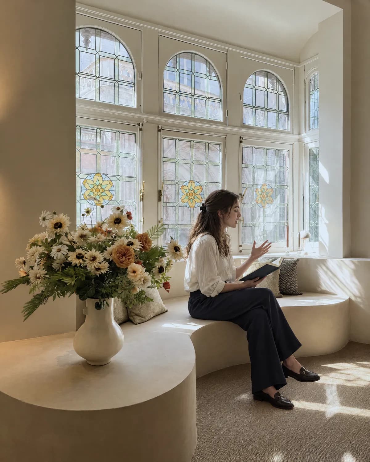Een jonge vrouw leest expressief voor uit een boek op de zitbank bij de glas-in-loodramen