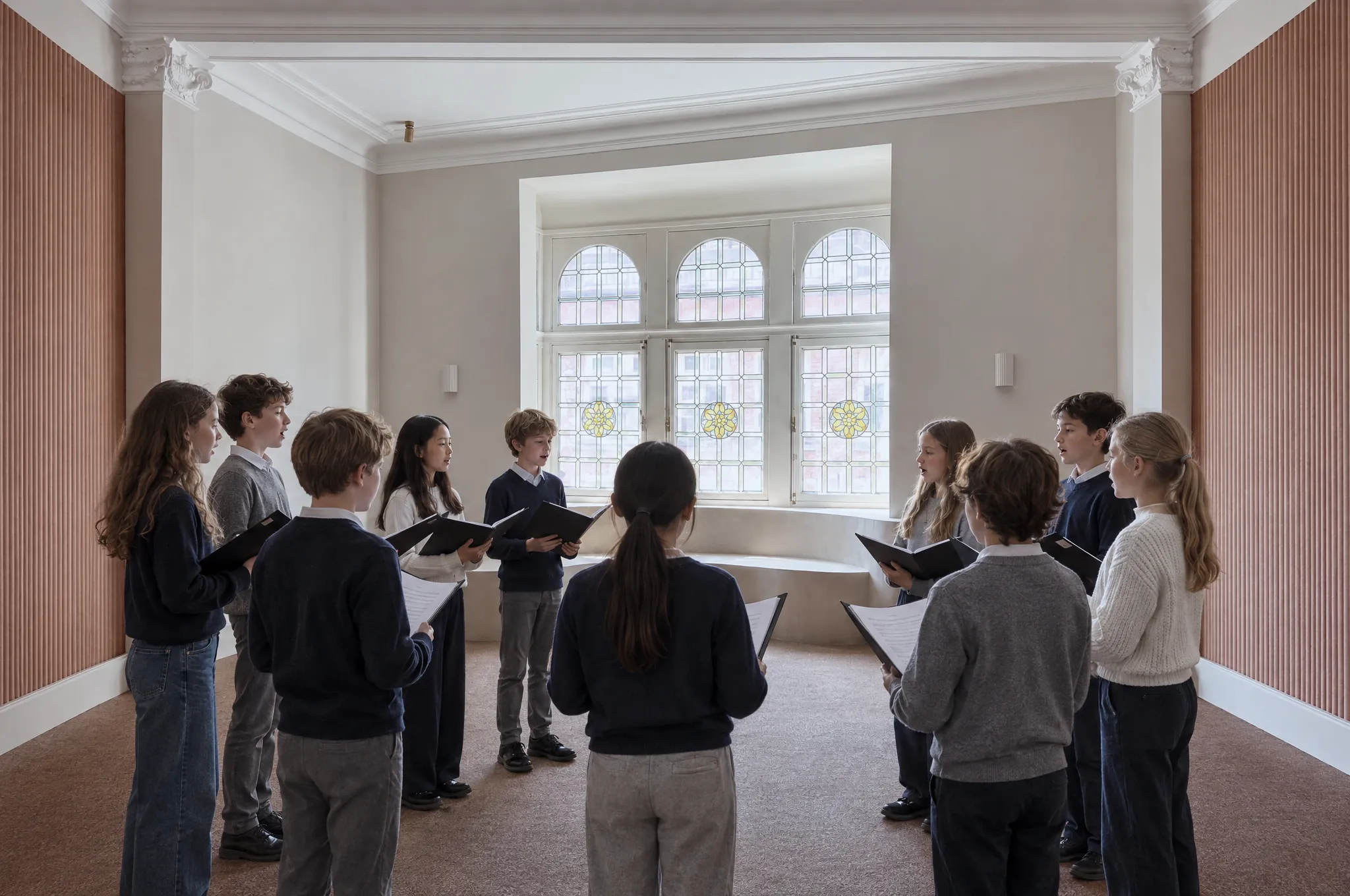 Een kinderkoor van een tiental kinderen zingt samen met koormappen in de salon van Huis Pollet