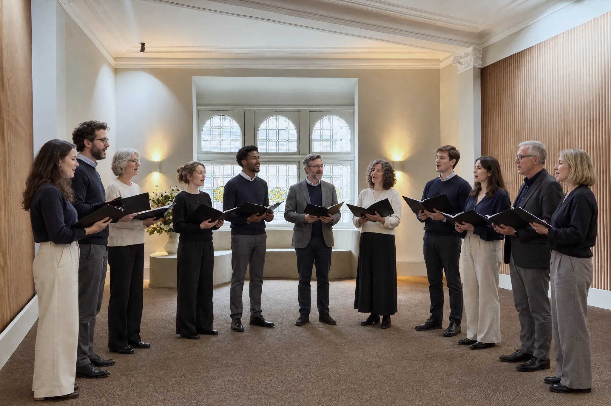 Een volwassenenkoor zingt in een halve cirkel met koormappen in de salon van Huis Pollet